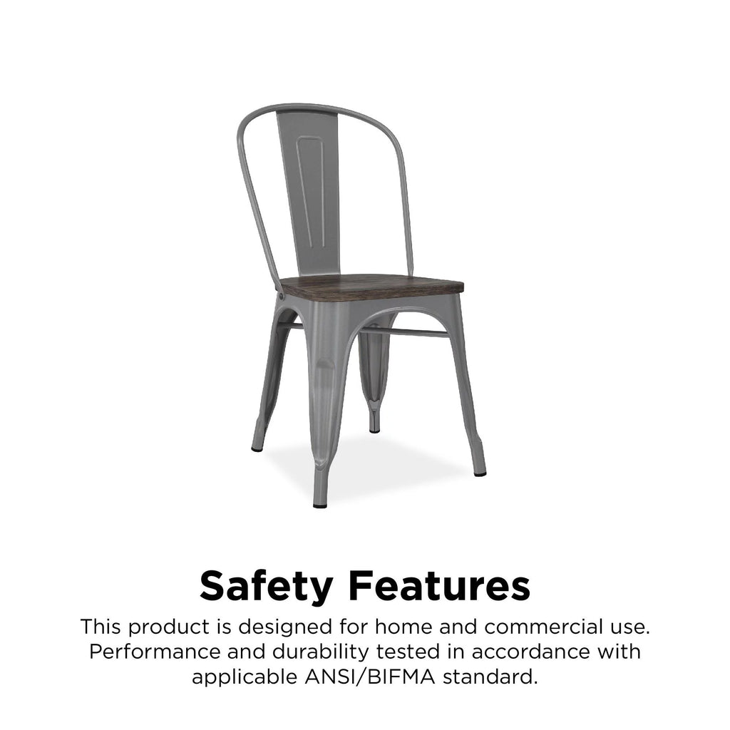 Stackable Metal Dining Chair with Wood Seat, Silver, Set of 2 E87231