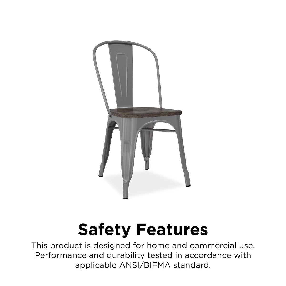 Stackable Metal Dining Chair with Wood Seat, Silver, Set of 2 E87231