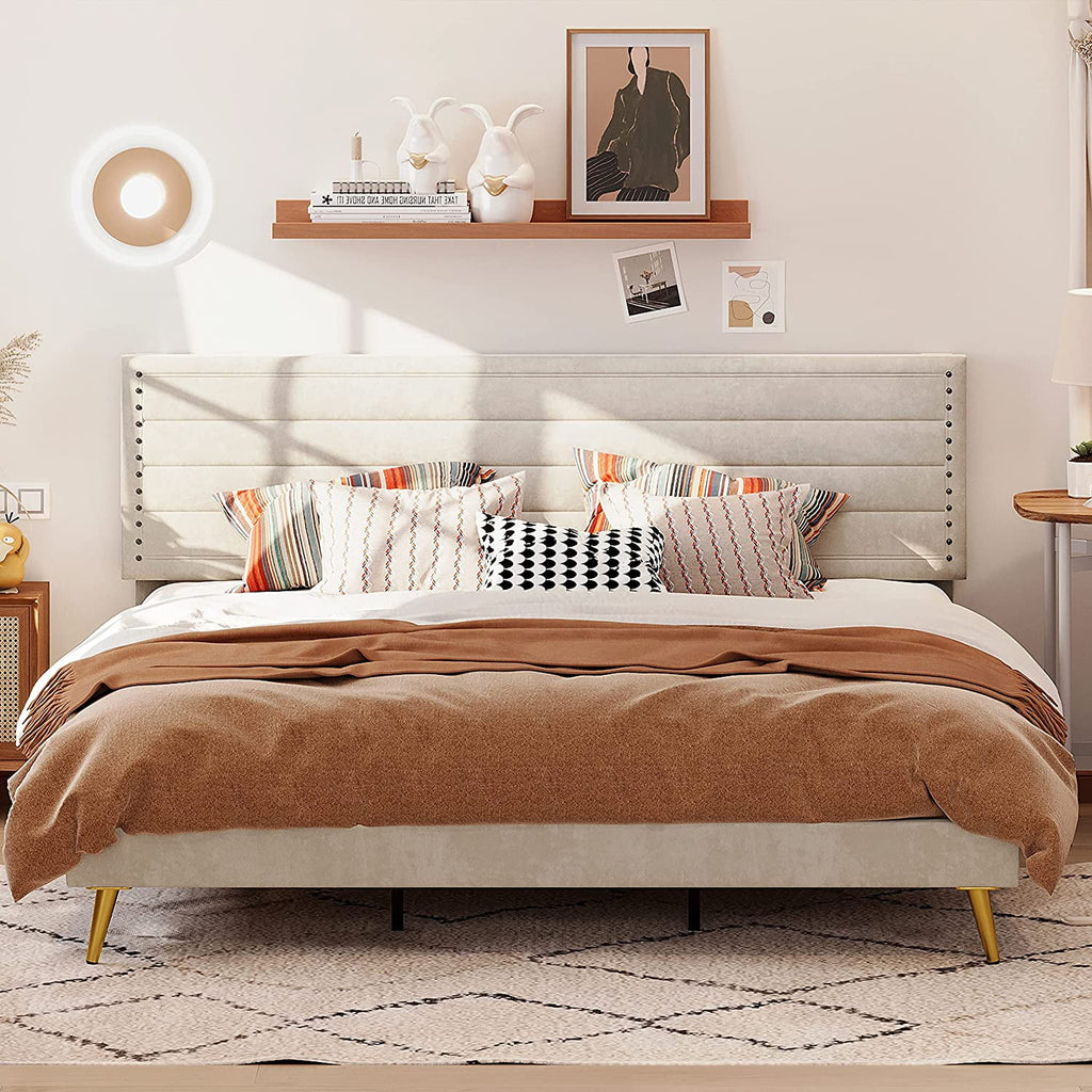 Beige Upholstered Wood Twin Bed Frame J8329