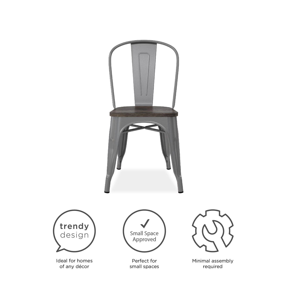 Stackable Metal Dining Chair with Wood Seat, Silver, Set of 2 E87231