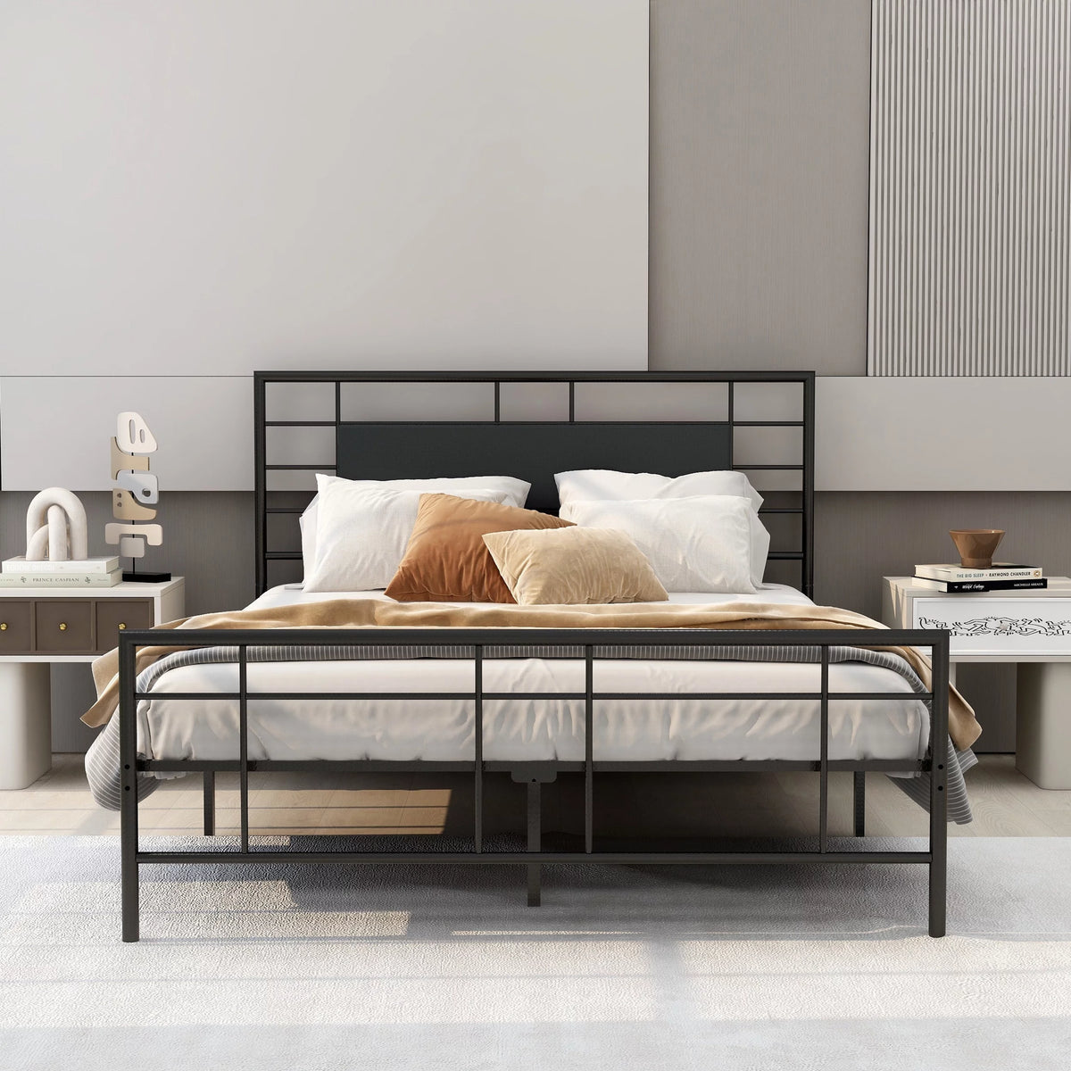Queen Size Black Metal Platform Bed Frame with Leather Upholstered Headboard O283045