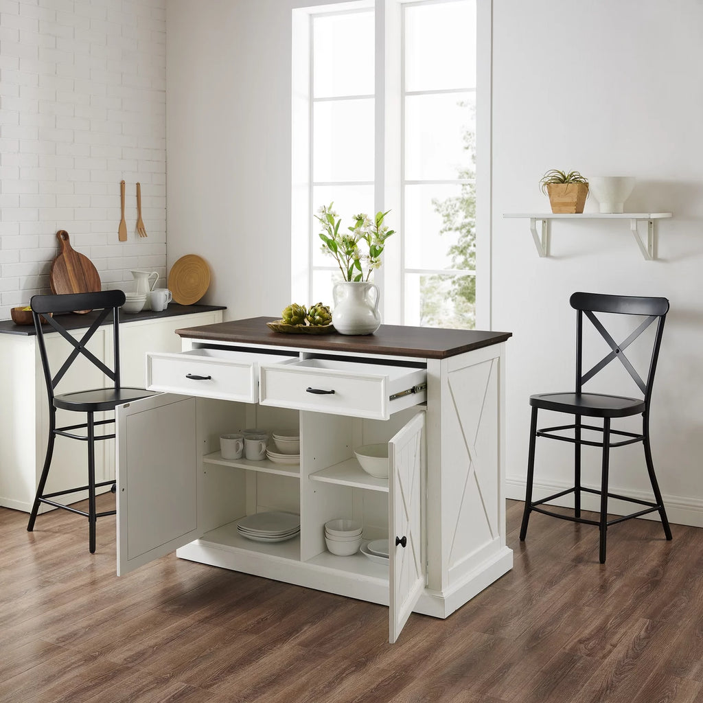 Distressed White/Black Kitchen Island & 2 Stools U476